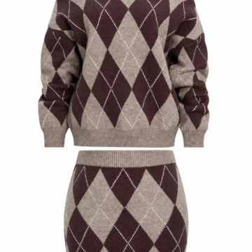 Taupe Argyle Off-the-Shoulder Sweater and Mini Skirt Set