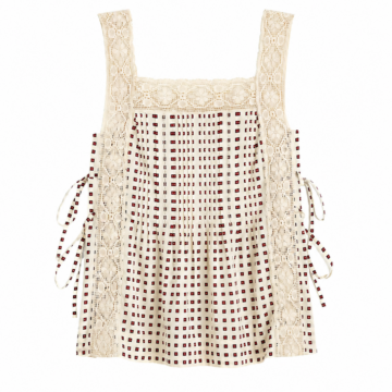 Cream Crochet-Lace Checkered Sleeveless Top