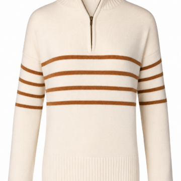Cream Quarter-Zip Mock Neck Sweater with Rust Stripes