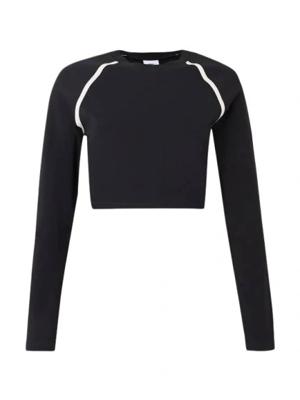Black Long Sleeve Cropped Top with White Piping