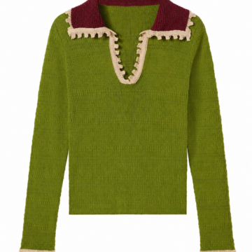 Olive Green Ribbed Knit Pullover with Lace Trim