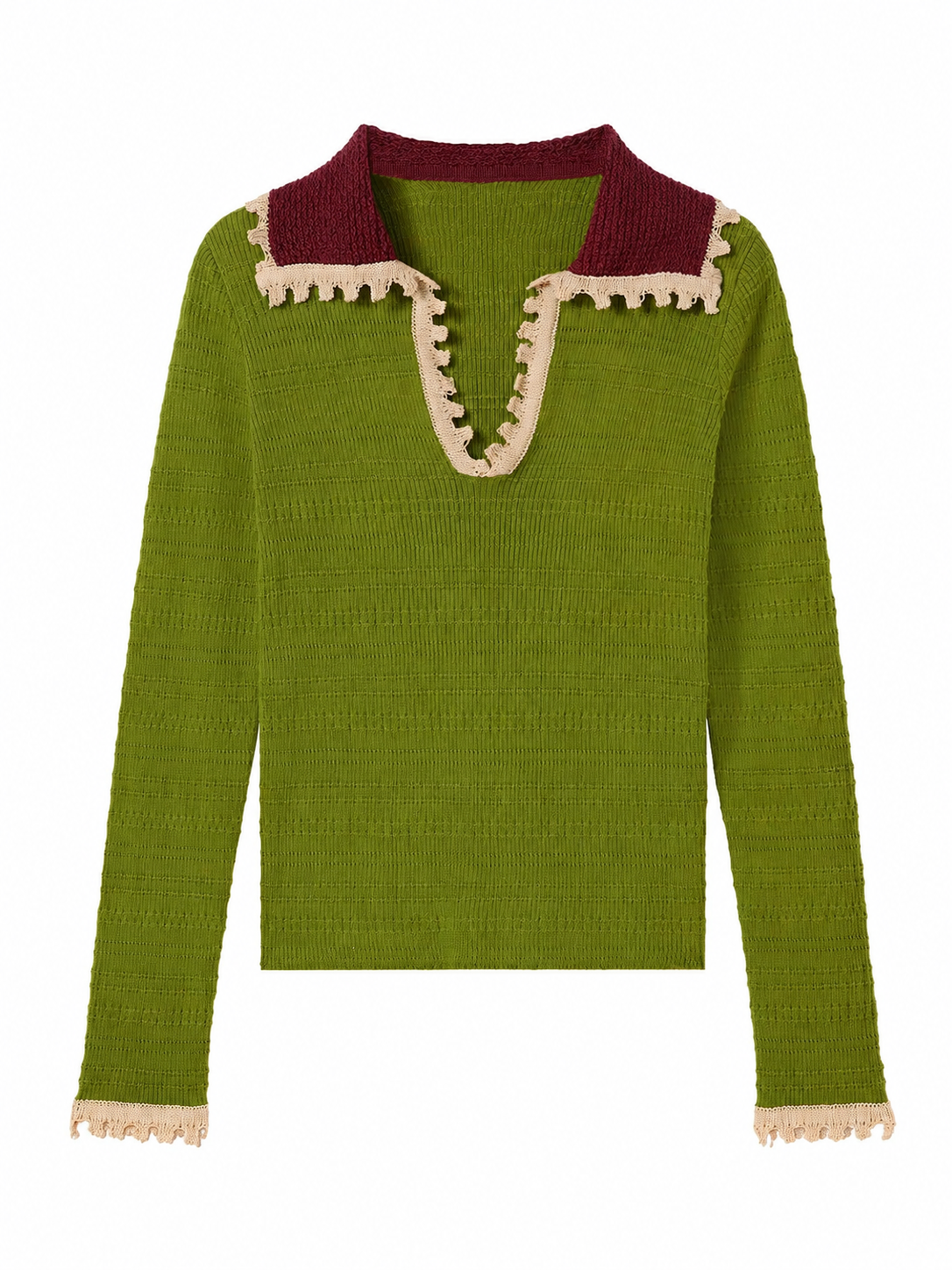 Olive Green Ribbed Knit Pullover with Lace Trim
