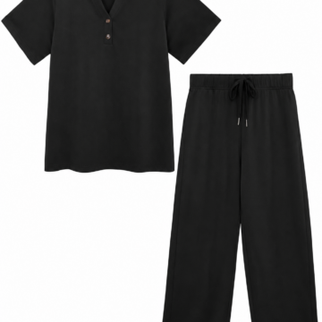 Black Short-Sleeve Split-Neck Top and Drawstring Wide-Leg Pants Set