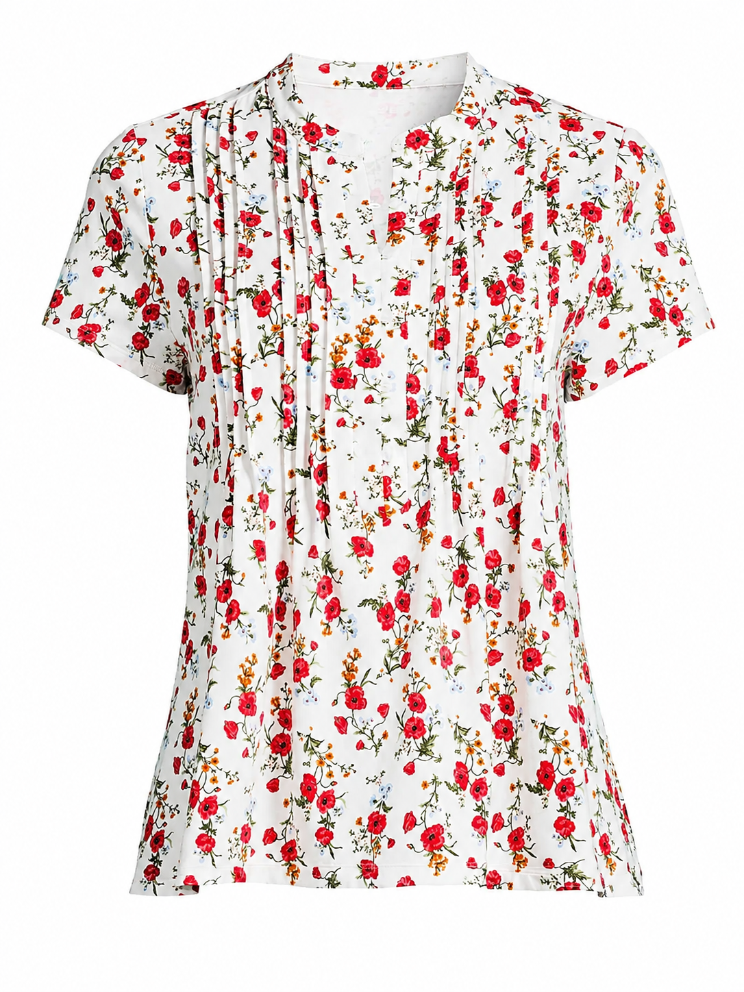 White Rose Print Split Neck Short Sleeve Blouse