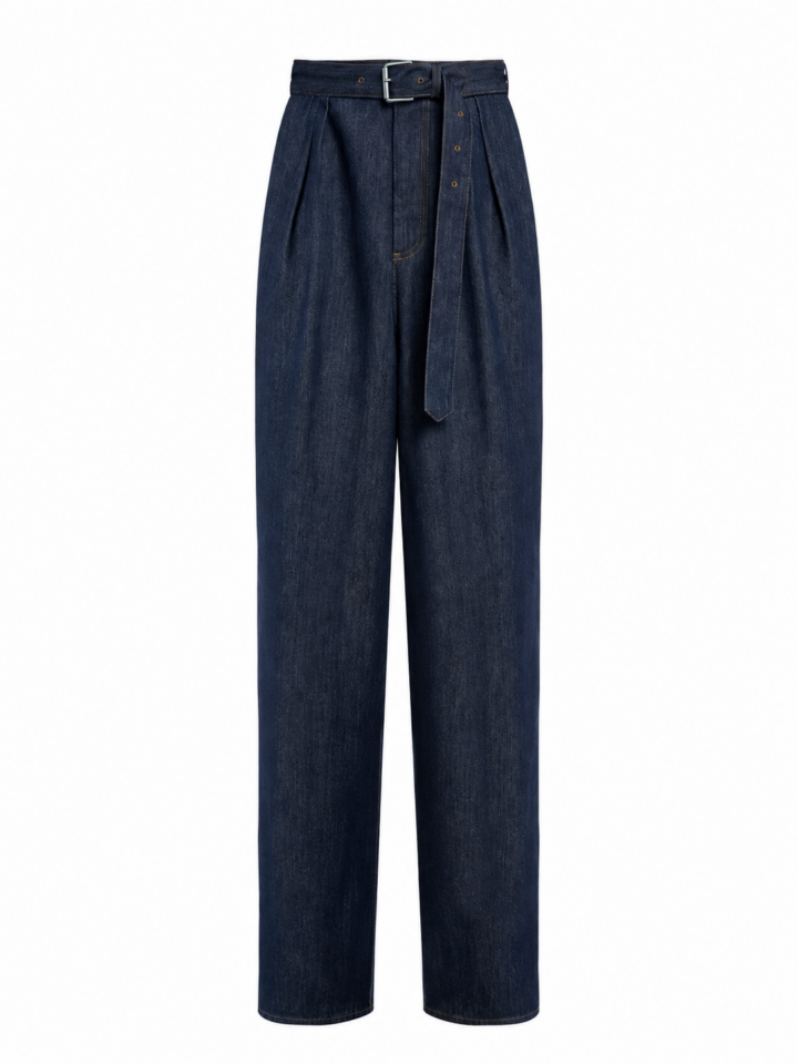 Dark Indigo High-Rise Wide-Leg Pleated Jeans