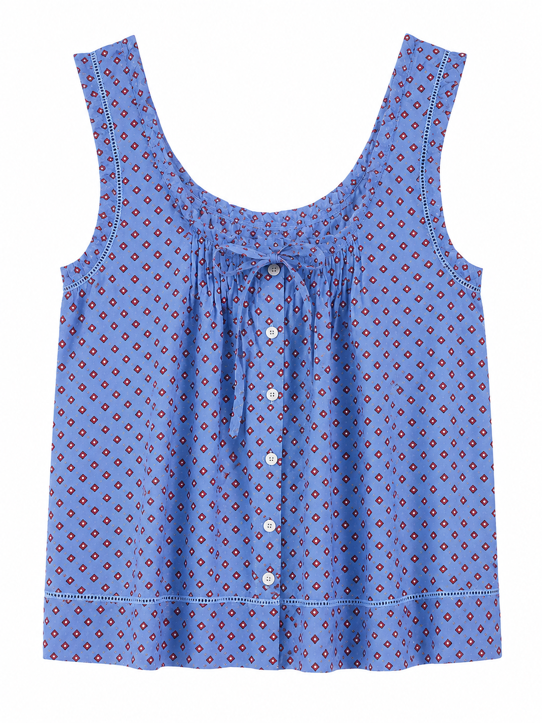 Blue Geometric Diamond Sleeveless Button-Front Top