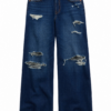 Dark Wash Distressed Wide-Leg Jeans with Raw Hem