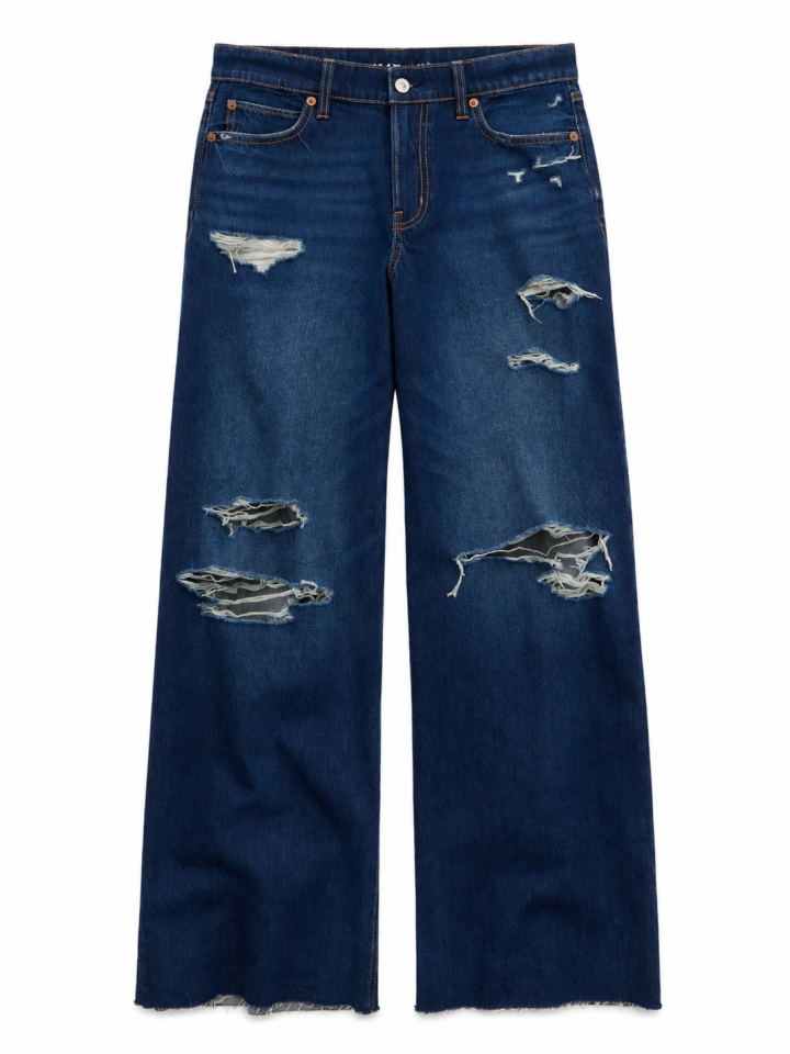 Dark Wash Distressed Wide-Leg Jeans with Raw Hem