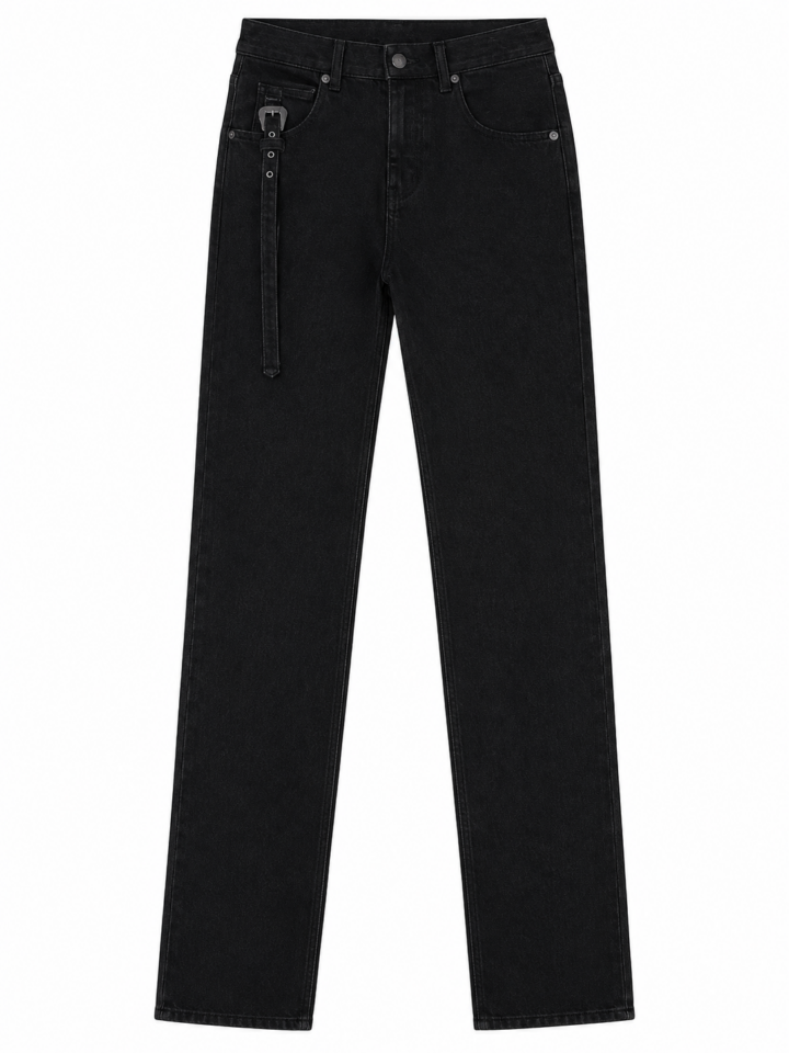 Black High-Rise Straight-Leg Jeans with Detachable Strap